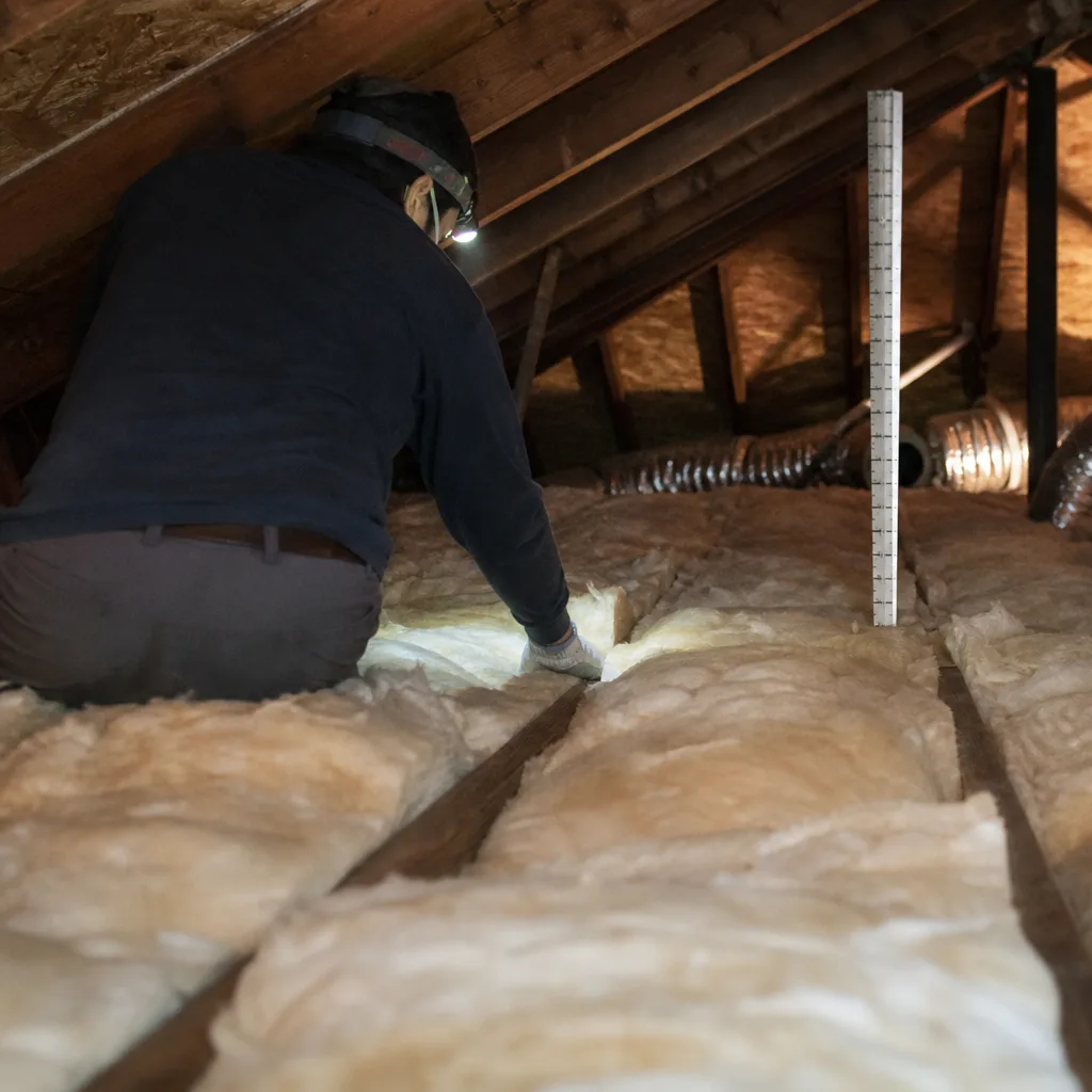 Professional technician inspecting attic insulation in a crawl space