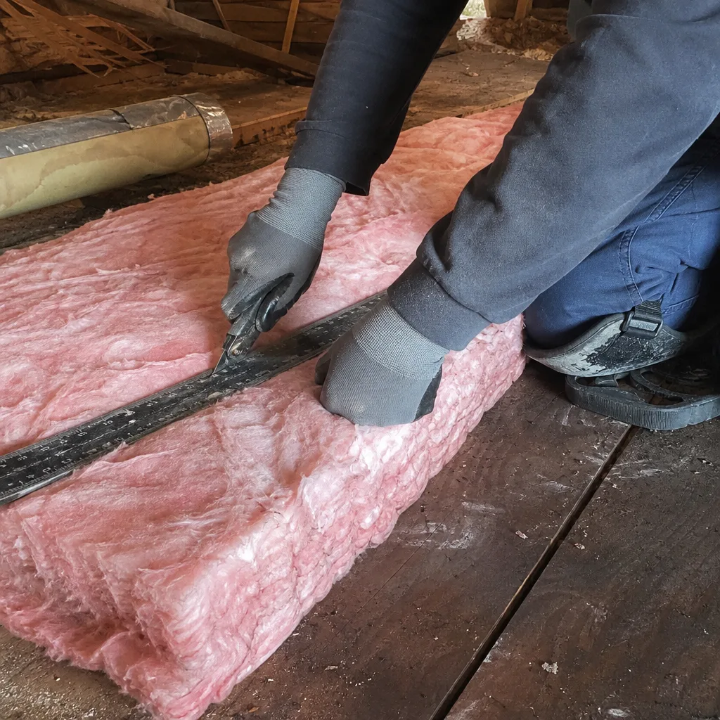 Worker cutting pink fiberglass insulation batts in an attic for installation