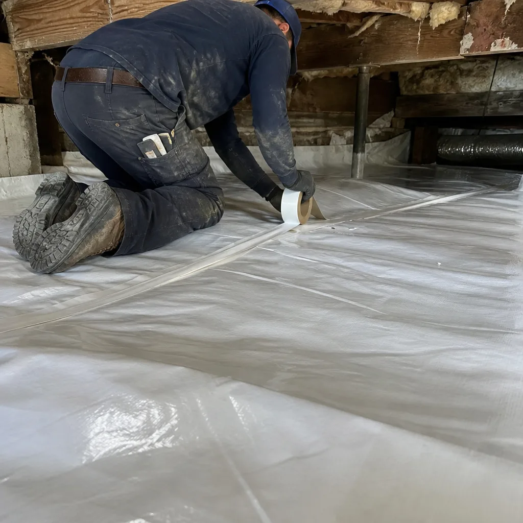 Technician installing vapor barrier during professional crawl space encapsulation service