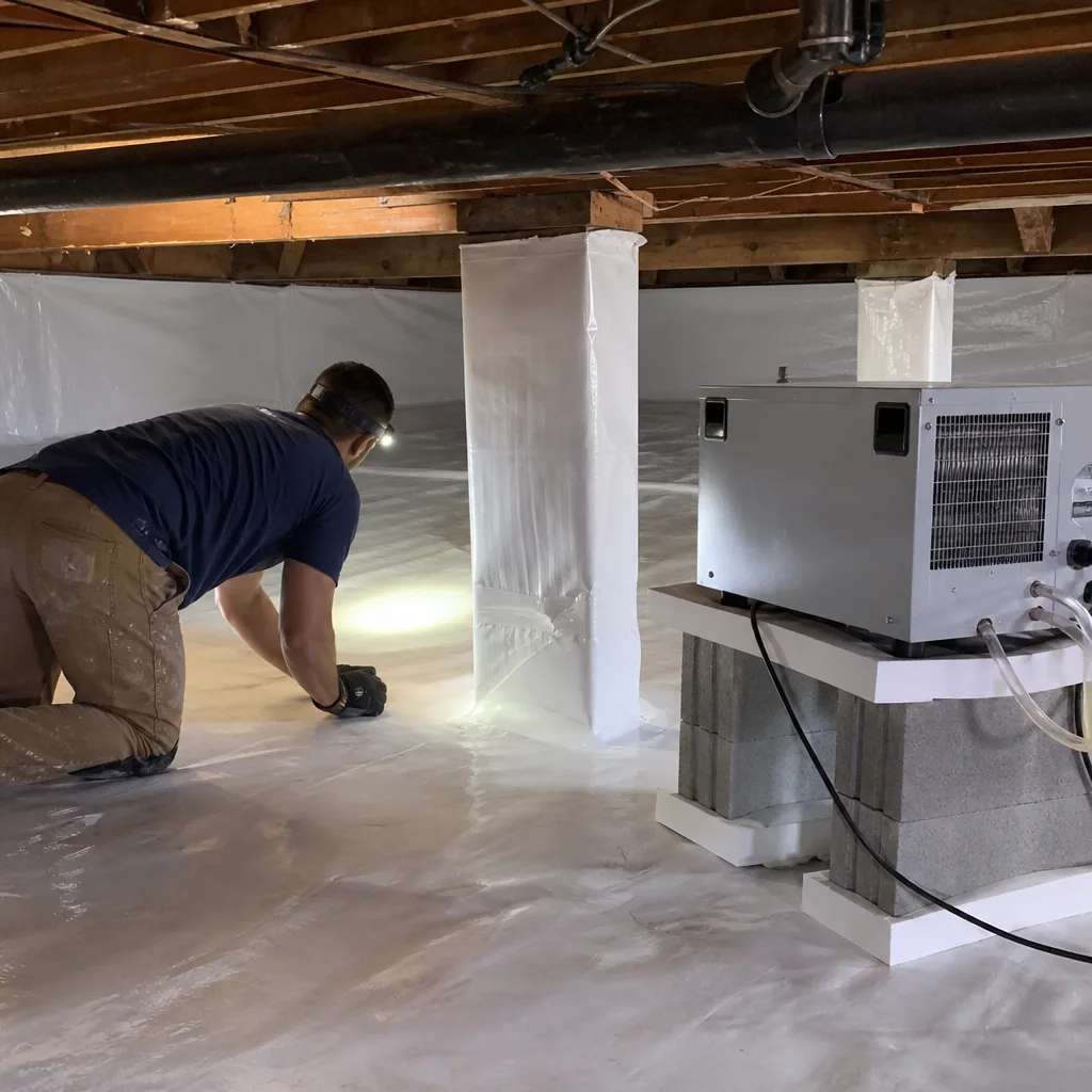 Technician installing professional crawl space encapsulation and vapor barrier system