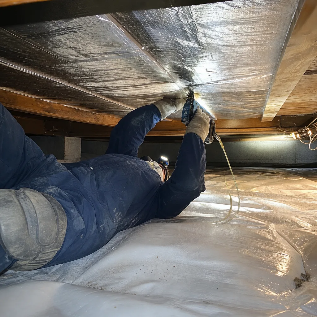 Technician performing professional crawl space encapsulation and insulation installation.