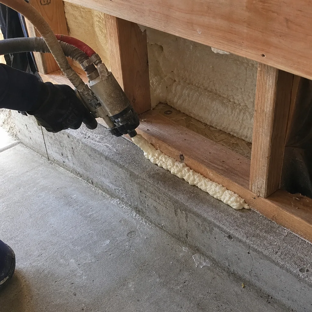 Professional applying spray foam insulation to a wall and floor junction